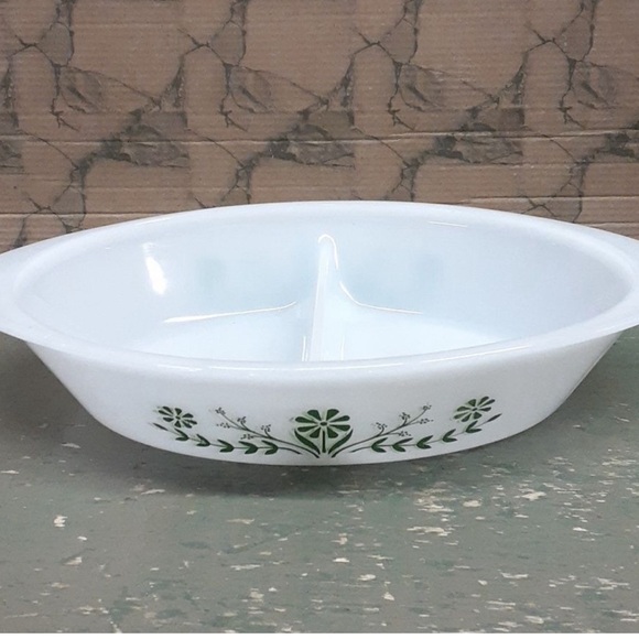 Vintage Glasbake green daisy Primrose Dream Divided Oval Casserole Dish … - Picture 1 of 3